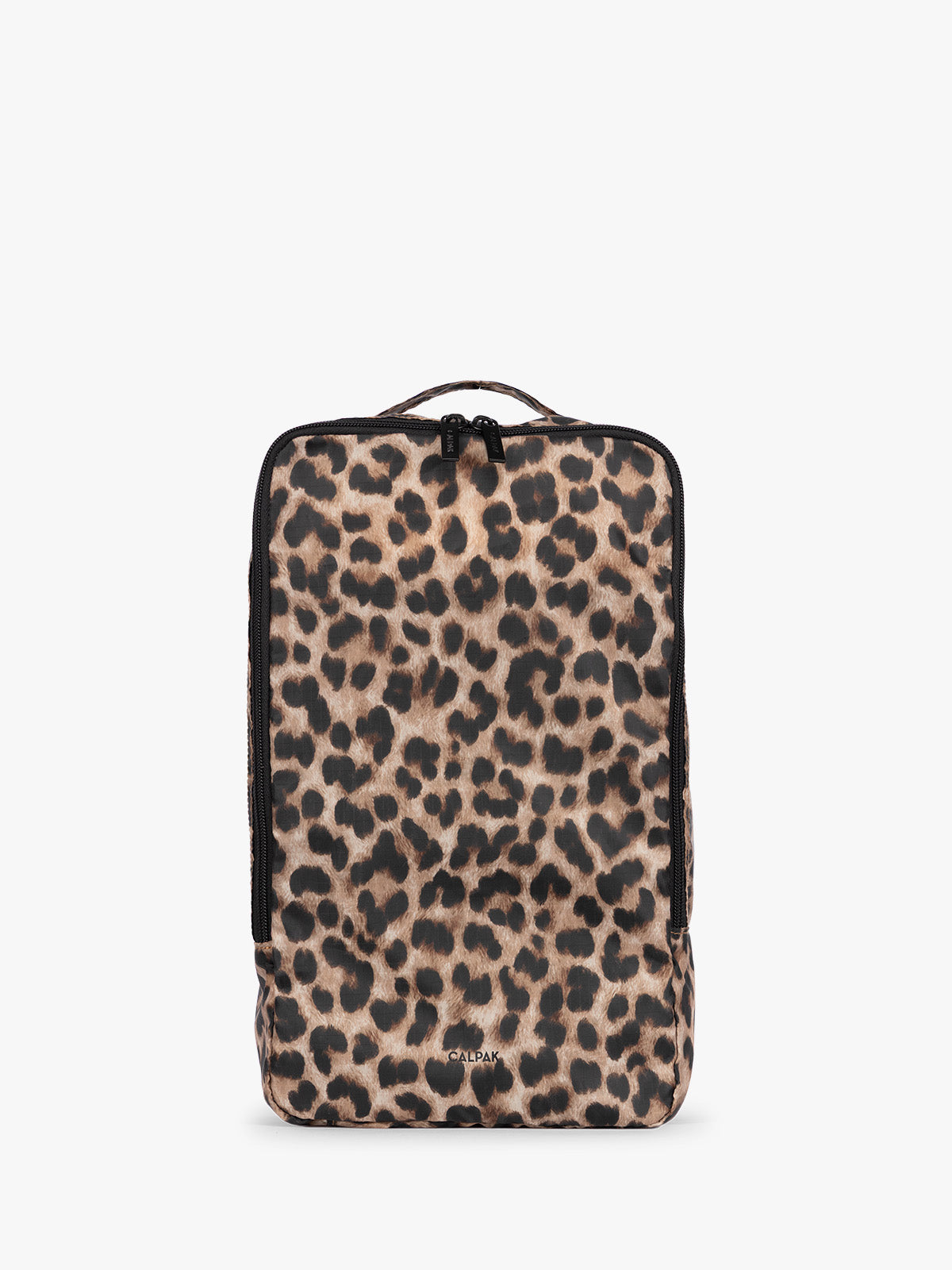 Tan and black animal print Leopard rectangular CALPAK shoe cube with zippers and top handle shown on a plain background; KSB2001-LEOPARD