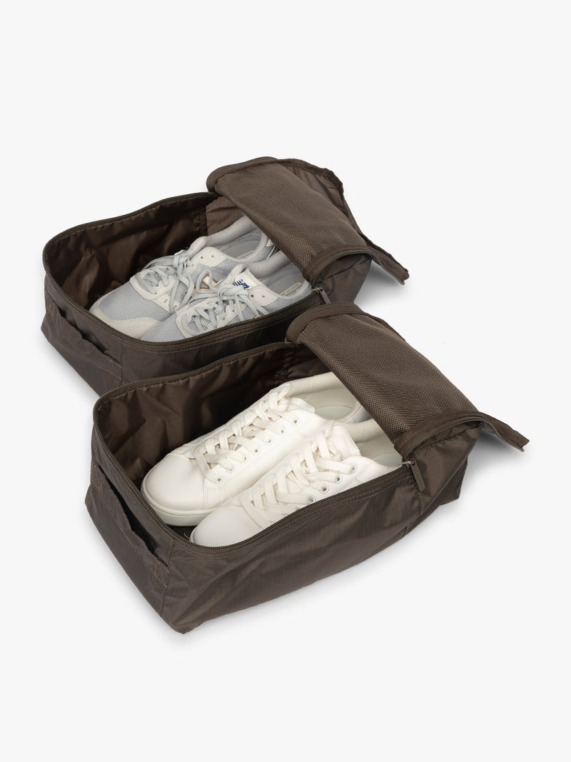 CALPAK Shoe Bag in brown Mushroom with shoes