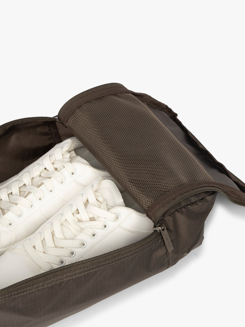 Close up of CALPAK Shoe Bag in brown Mushroom