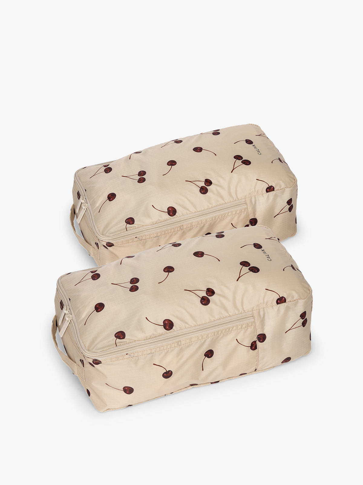 Closed CALPAK Shoe Cubes oatmeal with cherry print; KSB2001-OATMEAL-CHERRY