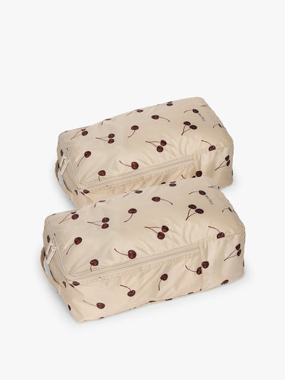 Closed CALPAK Shoe Cubes oatmeal with cherry print; KSB2001-OATMEAL-CHERRY view 1