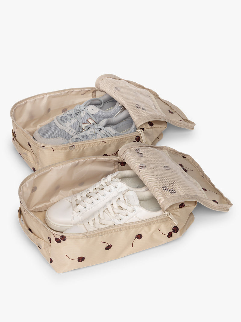 Opened with CALPAK Shoe Cubes oatmeal with cherry print