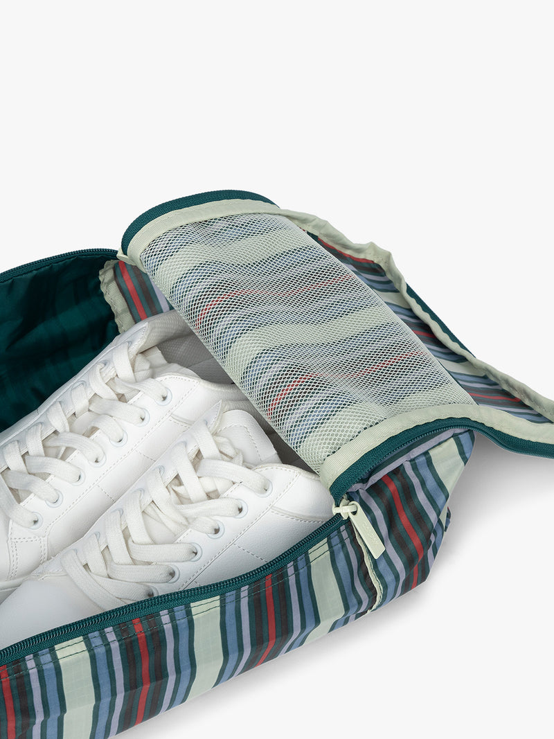 Close up of CALPAK Shoe Cubes in Riviera Stripe