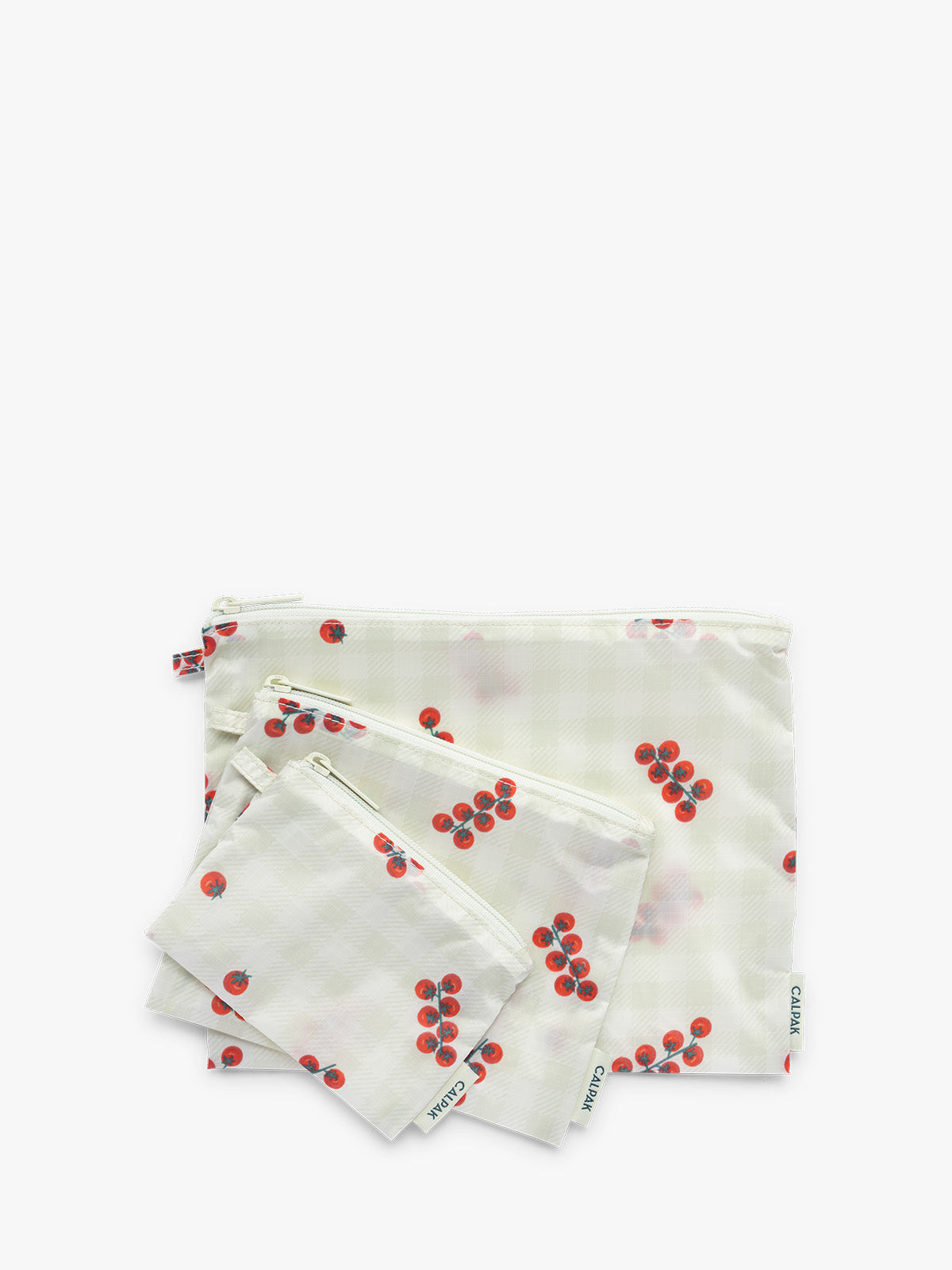 CALPAK Compakt ZIppered Pouch Set in white and green gingham with tomato print; KZB2001-CELADON-TOMATO-PICNIC