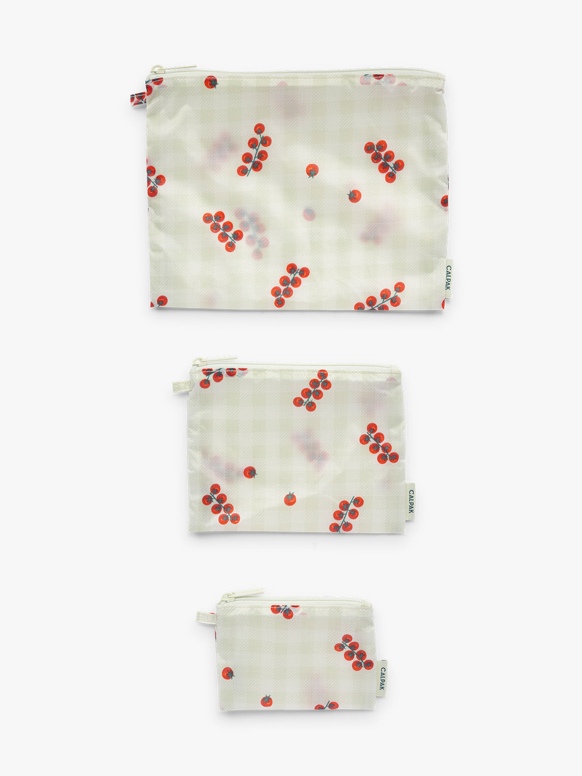 Small Medium Large pouch layouts of CALPAK Compakt ZIppered Pouch Set in white and green gingham with tomato print; KZB2001-CELADON-TOMATO-PICNIC