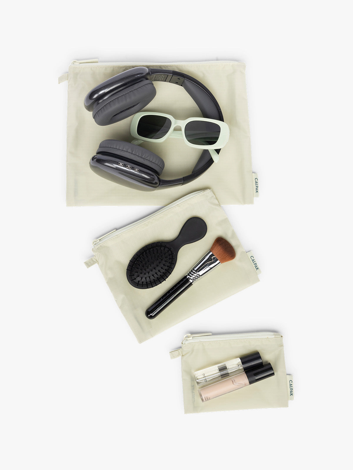 Items that can be laid out in CALPAK Compakt ZIppered Pouch Set in light green Celadon; KZB2001-CELADON