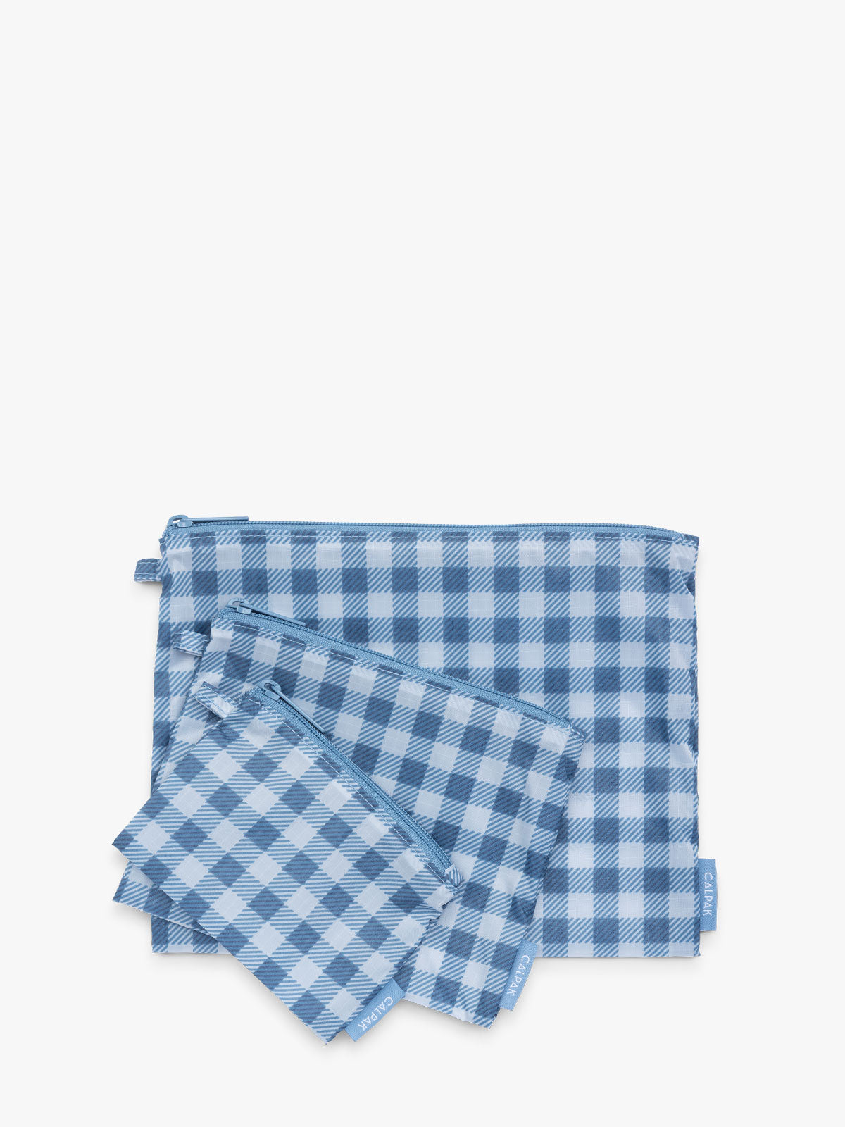 CALPAK Compakt Zip Pouch Set in white and blue gingham print French Blue Gingham; KZB2001-FRENCH-BLUE-GINGHAM
