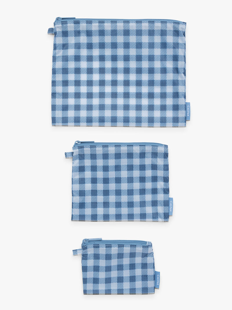 CALPAK Compakt Zip Pouch Set in white and blue gingham print French Blue Gingham