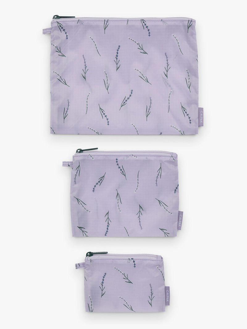 CALPAK Compakt Zip Pouch Set in light purple with lavender print