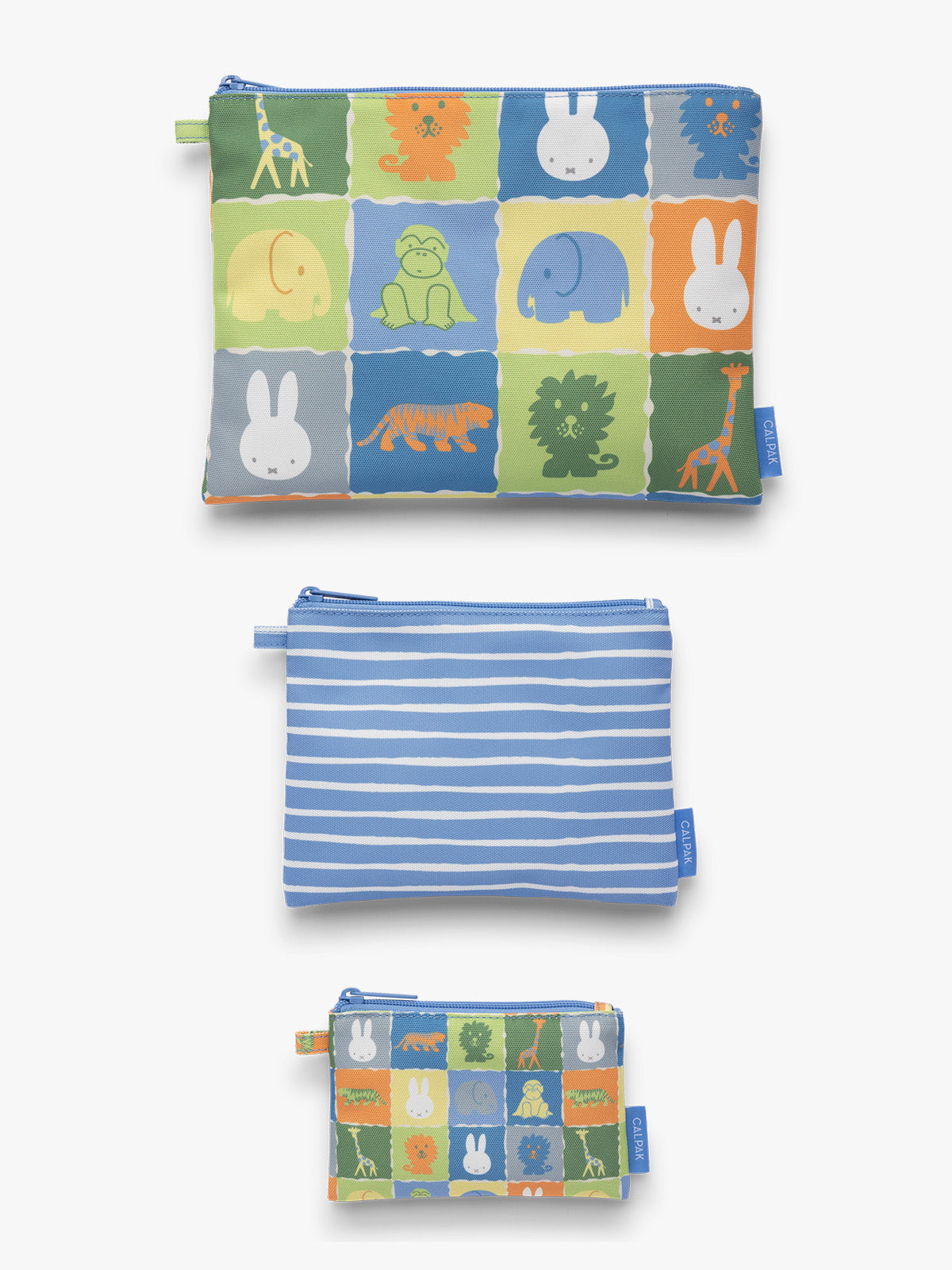 Flat-lay of a set of blue, white, green, and yellow colorful children's pouches with Miffy and animal patterns for the CALPAK Compakt Zip Pouch Set on a white background; KZB2001-MIFFY-BLUE-ZOO-TRIP