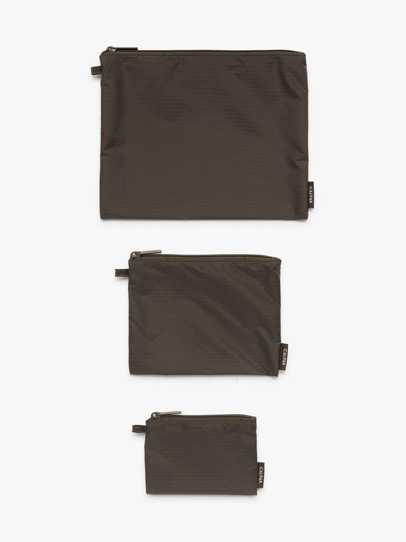 Small Medium Large CALPAK Compakt ZIppered Pouch Set in brown Mushroom