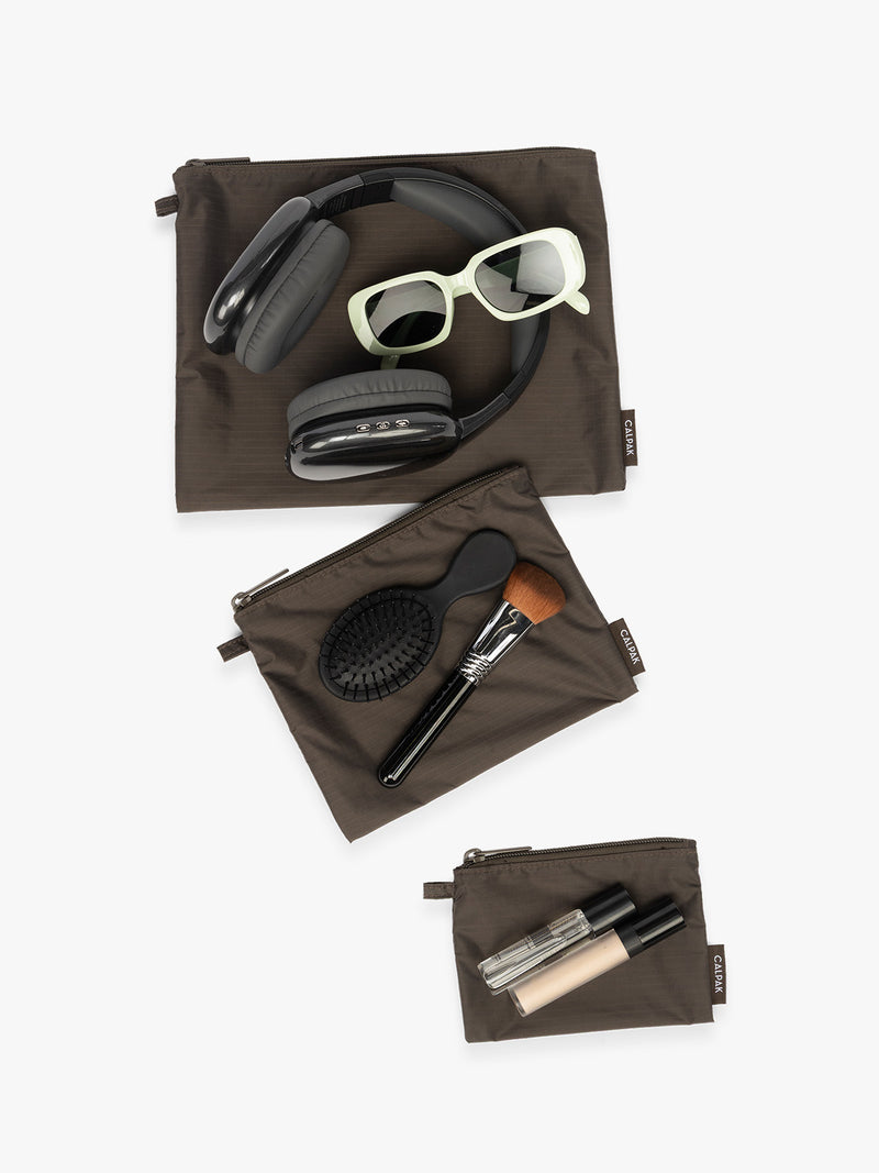 Items that can fit into CALPAK Compakt ZIppered Pouch Set in brown Mushroom