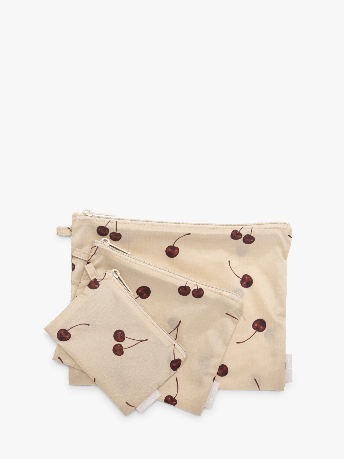 CALPAK  Compakt Zippered Pouch in beige with cherry pattern; KZB2001-OATMEAL-CHERRY
