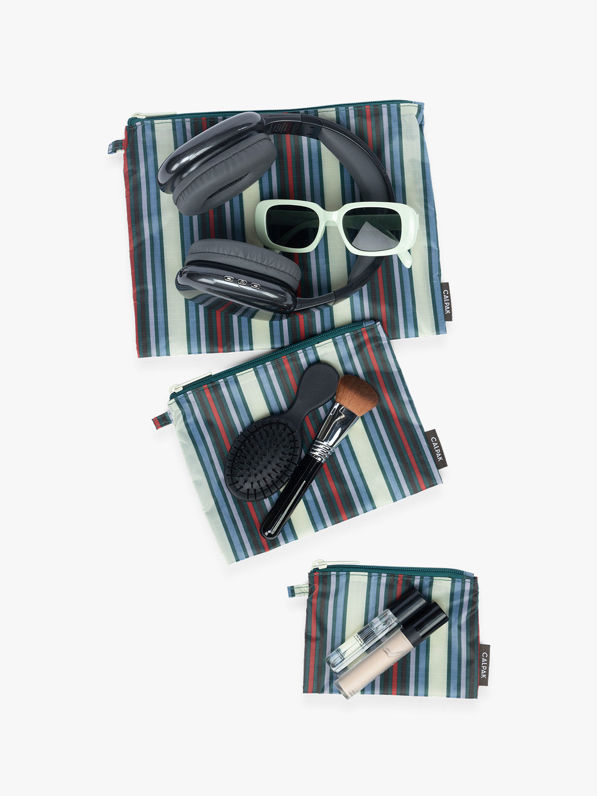 Items that can fit into CALPAK Compakt ZIppered Pouch Set in multicolor stripes; KZB2001-RIVIERA-STRIPE