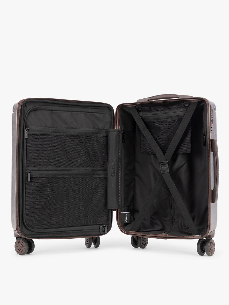Opened CALPAK Ambeur Carry On Luggage in brown Walnut with metallic look