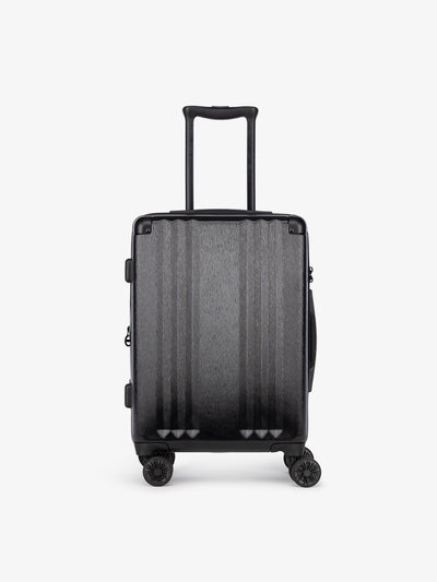 Studio product shot of front-facing CALPAK Ambeur black 22-inch rolling spinner carry-on luggage with TSA lock; model LAM1020-BLACK