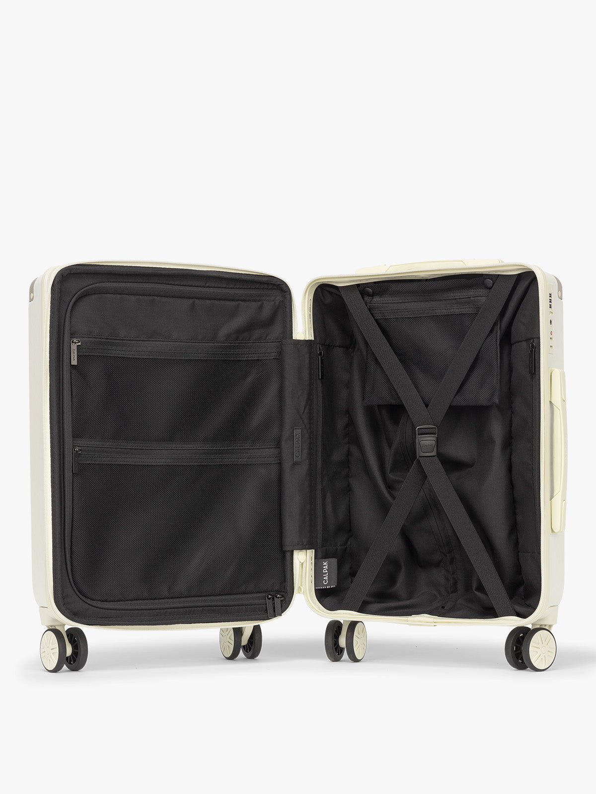 Opened view of CALPAK Ambeur Large Luggage in light green Celadon; LAM1028-CELADON