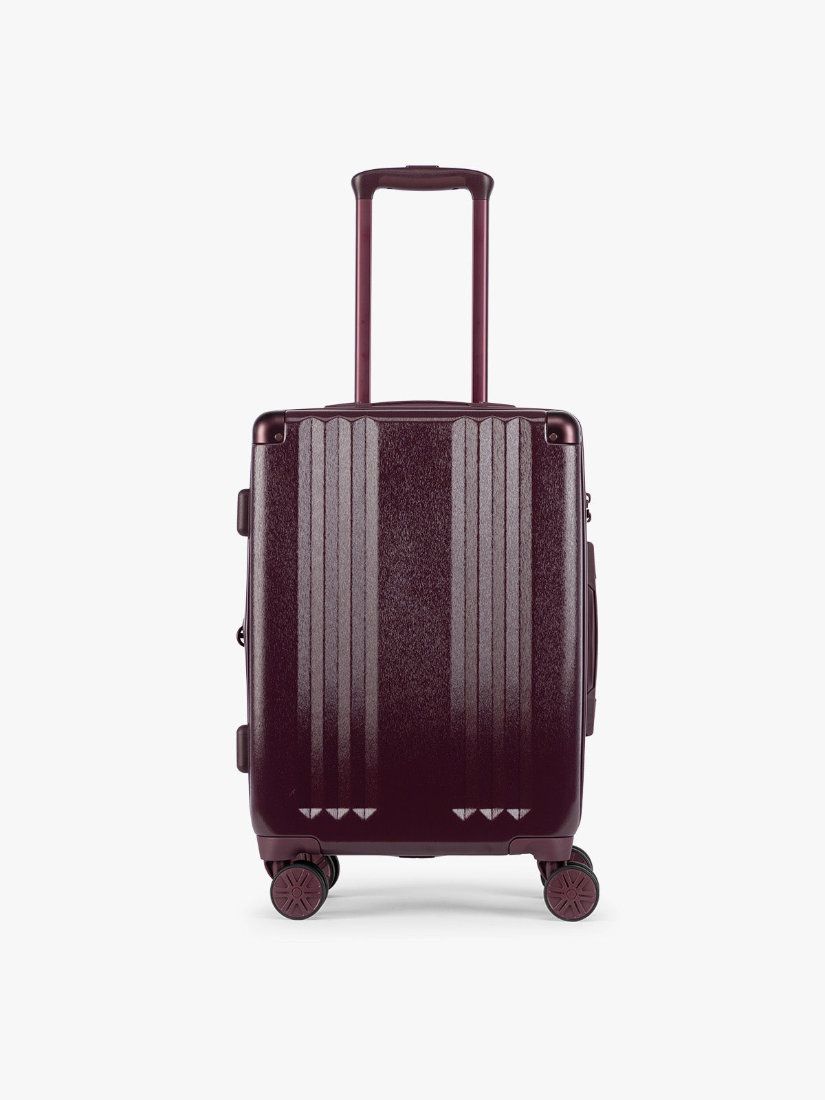 Carry On Size of CALPAK Two-Piece Set in dark burgundy Dark Cherry which includes the Carry On and Large sizes with vertical ridges, shown on a clean white background; LAM2000-DARK-CHERRY