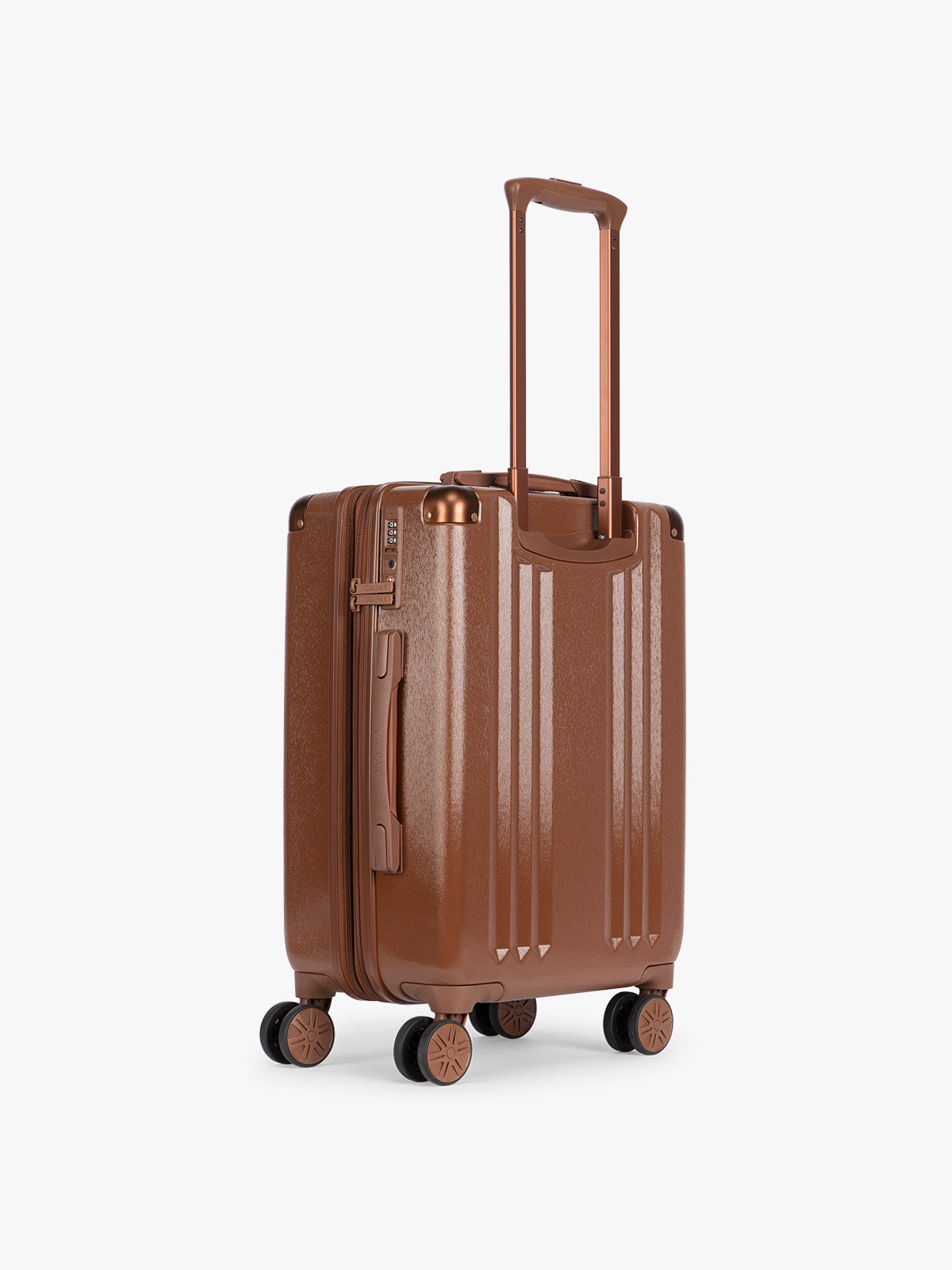Backside of CALPAK Honey Brown Ambeur Carry On  hard-shell suitcase with a telescoping handle extended, shown from the front against a plain white background; LAM1020-HONEY-BROWN