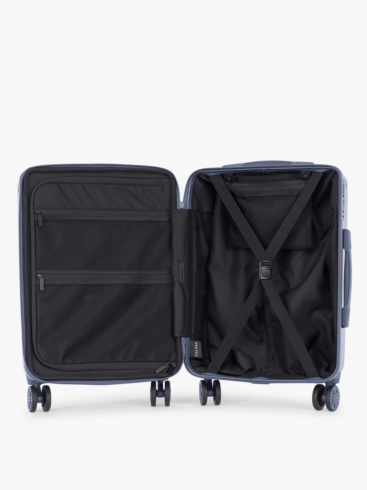 Opened view of Carry On of the CALPAK Ambeur 2pc Luggage in dark blue Metallic Indigo ; LAM2000-INDIGO