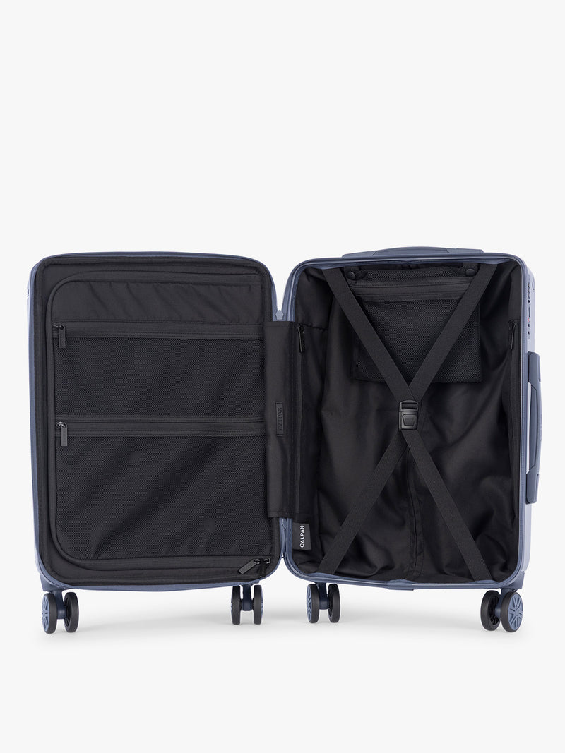 Opened view of Carry On of the CALPAK Ambeur 2pc Luggage in dark blue Metallic Indigo