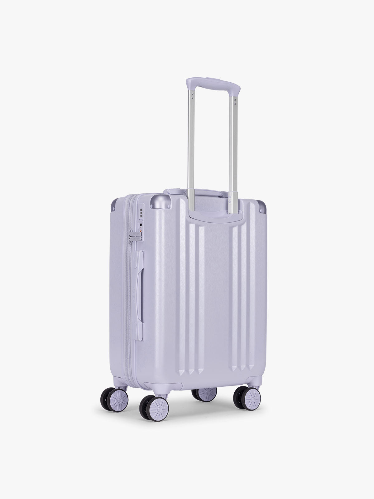 Back view of the CALPAK Ambeur Carry On Luggage in light lavender in Sea Glass with handle and spinner wheels on a white background; LAM1020-SEA-GLASS