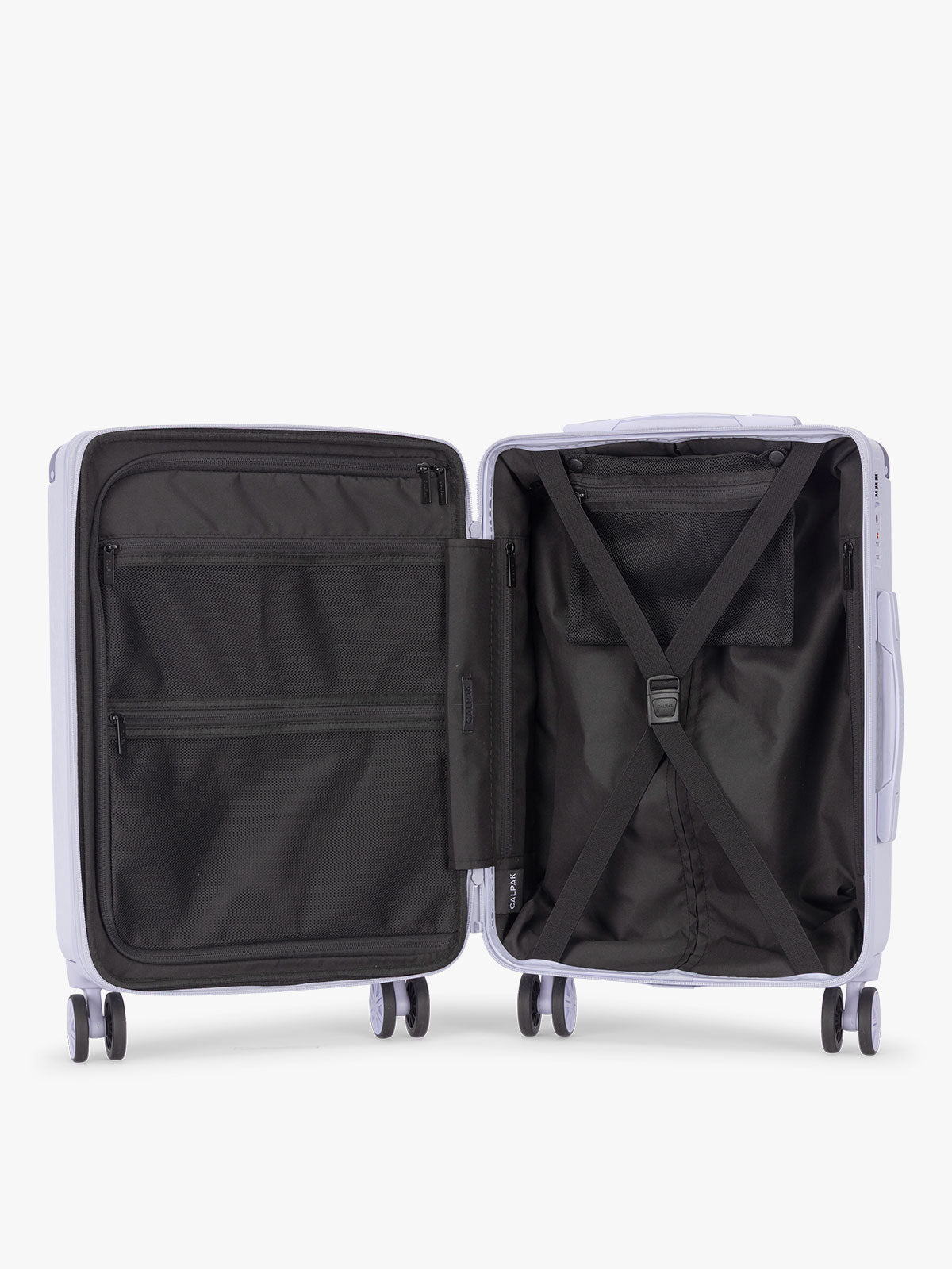 Opened CALPAK Ambeur Medium Luggage in light lavender purple in Sea Glass with handles and spinner wheels on a white background; LAM1024-SEA-GLASSv
