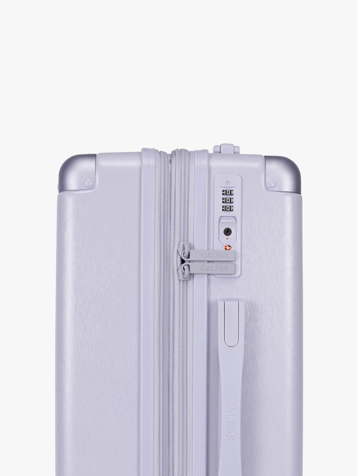Side view of the TSA-approved lock of the CALPAK Ambeur Carry On Luggage in light lavender in Sea Glass with handle and spinner wheels on a white background; LAM1020-SEA-GLASS