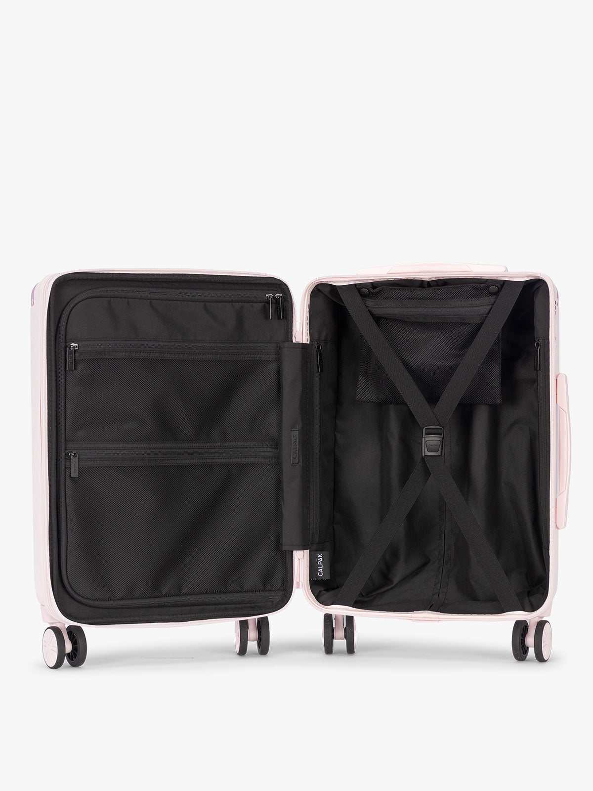 Opened view of CALPAK Ambeur 2pc Luggage Set in Carry On and Large Luggage in light pink; LAM2000-SHELL-PINK