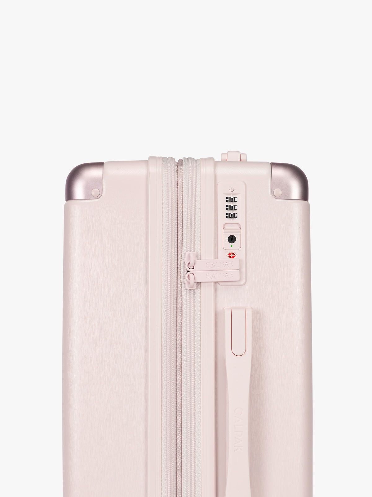 Side TSA approved lock of CALPAK Ambeur Large Luggage in light pink in Shell Pink with handles and spinner wheels; LAM1028-SHELL-PINK