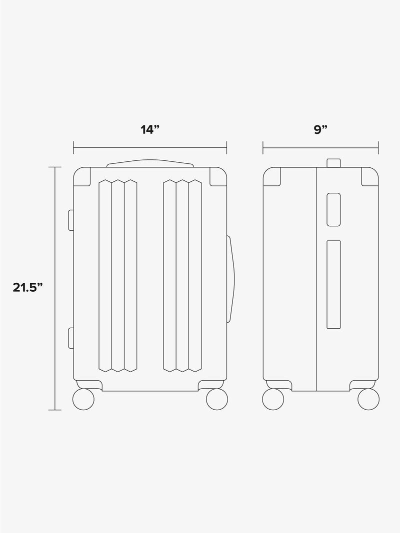 Line diagram graphic of CALPAK Ambeur  Carry On Luggage measuring 21.5"x14"x9"