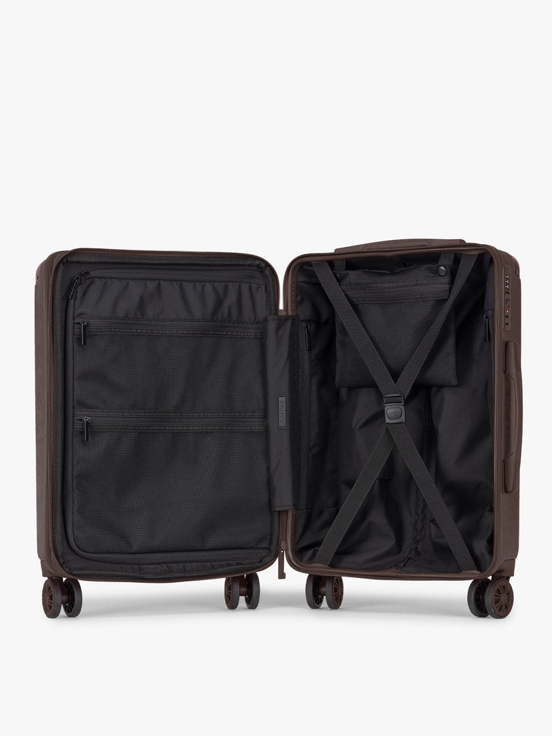 CALPAK Ambeur Large Luggage in brown Walnut with metallic look open interior view
