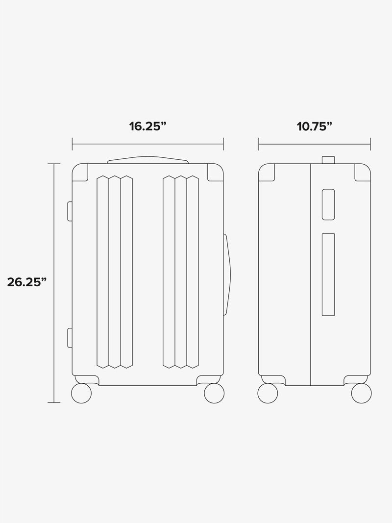 Line diagram graphic of CALPAK Ambeur  Medium Luggage measuring 26.25"16.26"x10.75"