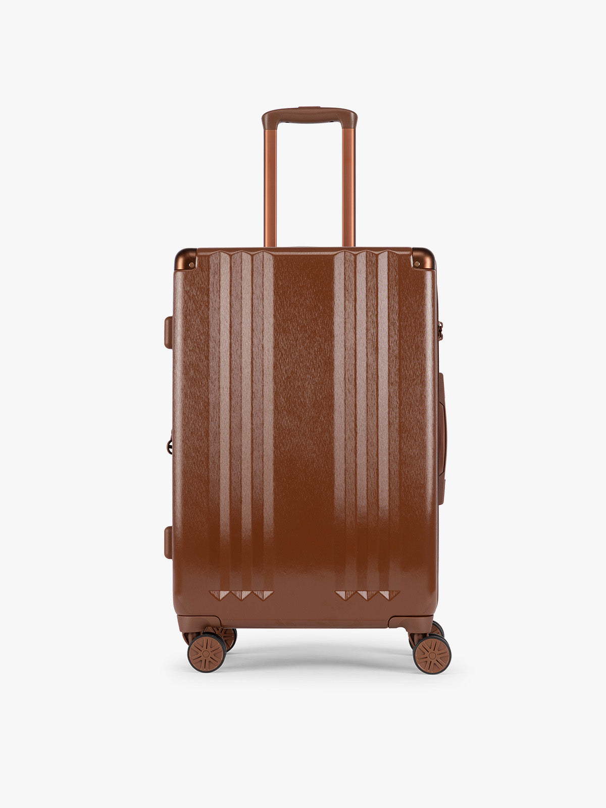Medium size of CALPAK Three-Piece Set in light Honey Brown which includes the Carry On and Large sizes with vertical ridges, shown on a clean white background; LAM3000-HONEY-BROWN