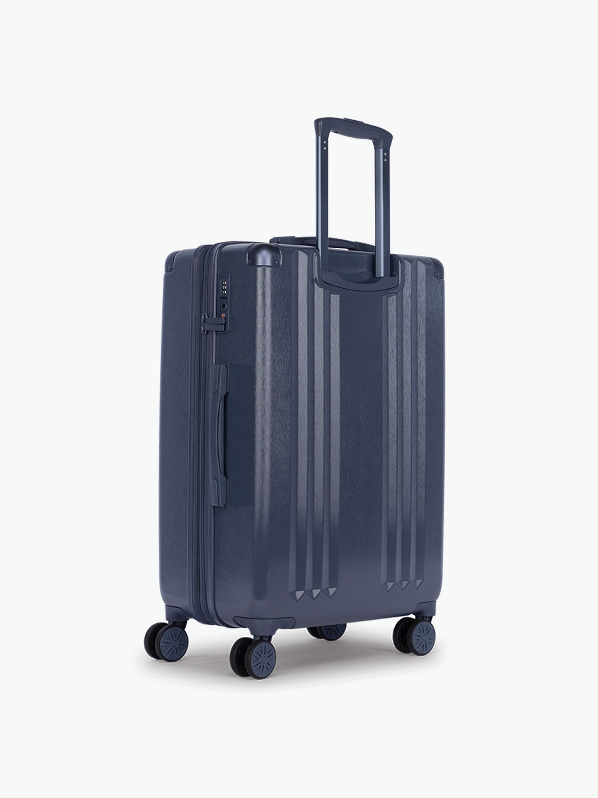 Back view of CALPAK Ambeur Medium Luggage in dark blue metallic Indigo; LAM1024-INDIGO