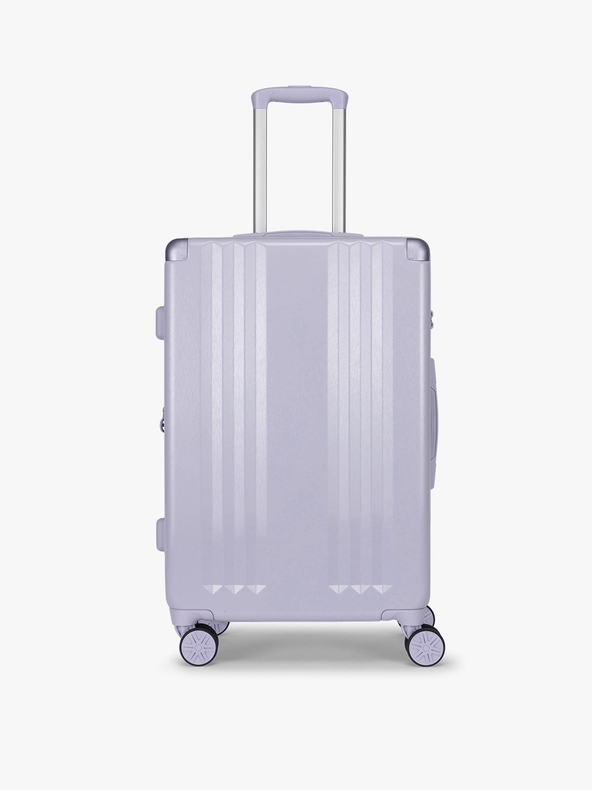 CALPAK Ambeur three piece luggage set in medium size in light purple lavender with handles and spinner wheels on a white background; LAM3000-SEA-GLASS