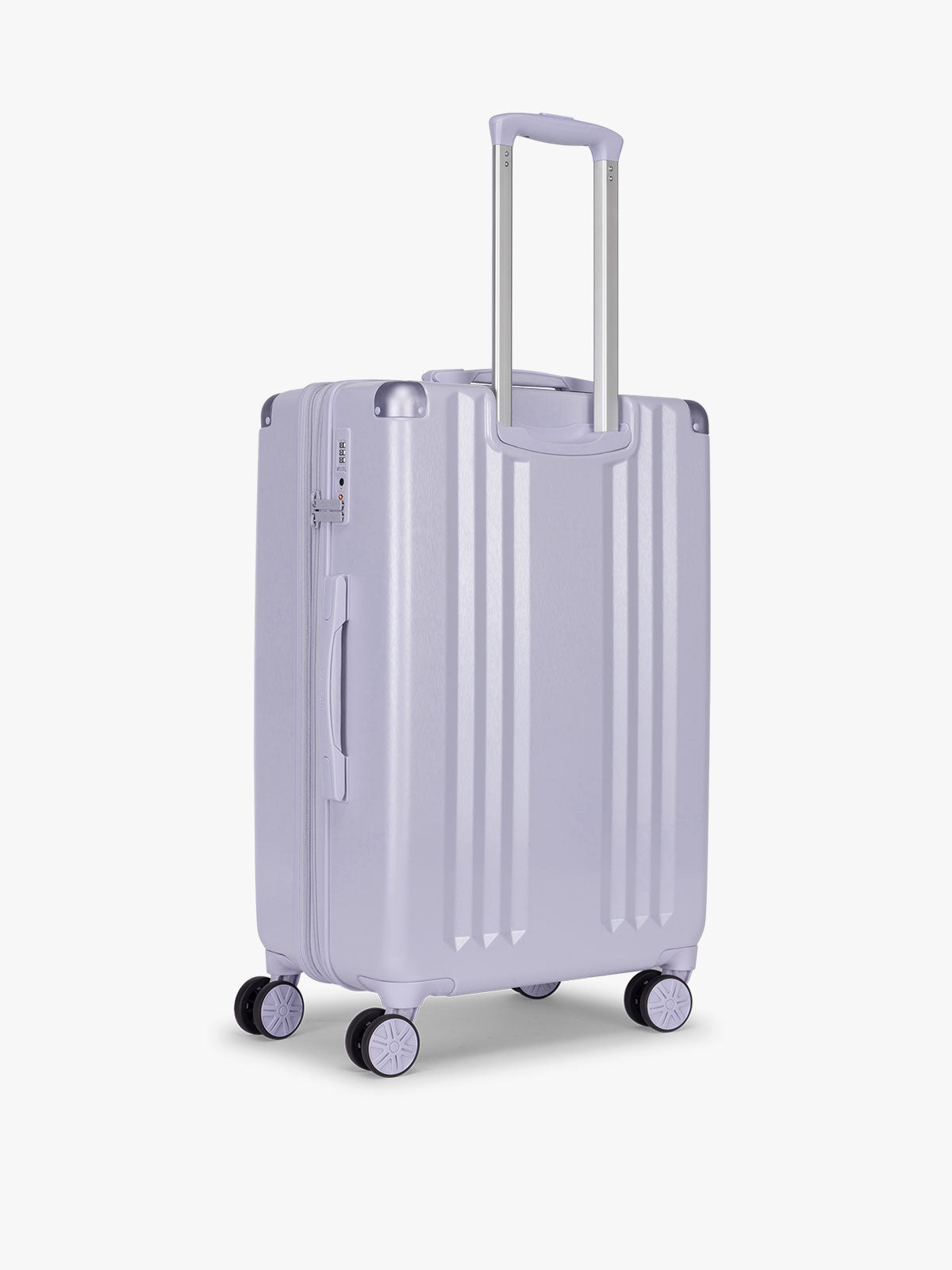 Back side of CALPAK Ambeur Medium Luggage in light lavender purple in Sea Glass with handles and spinner wheels on a white background; LAM1024-SEA-GLASS