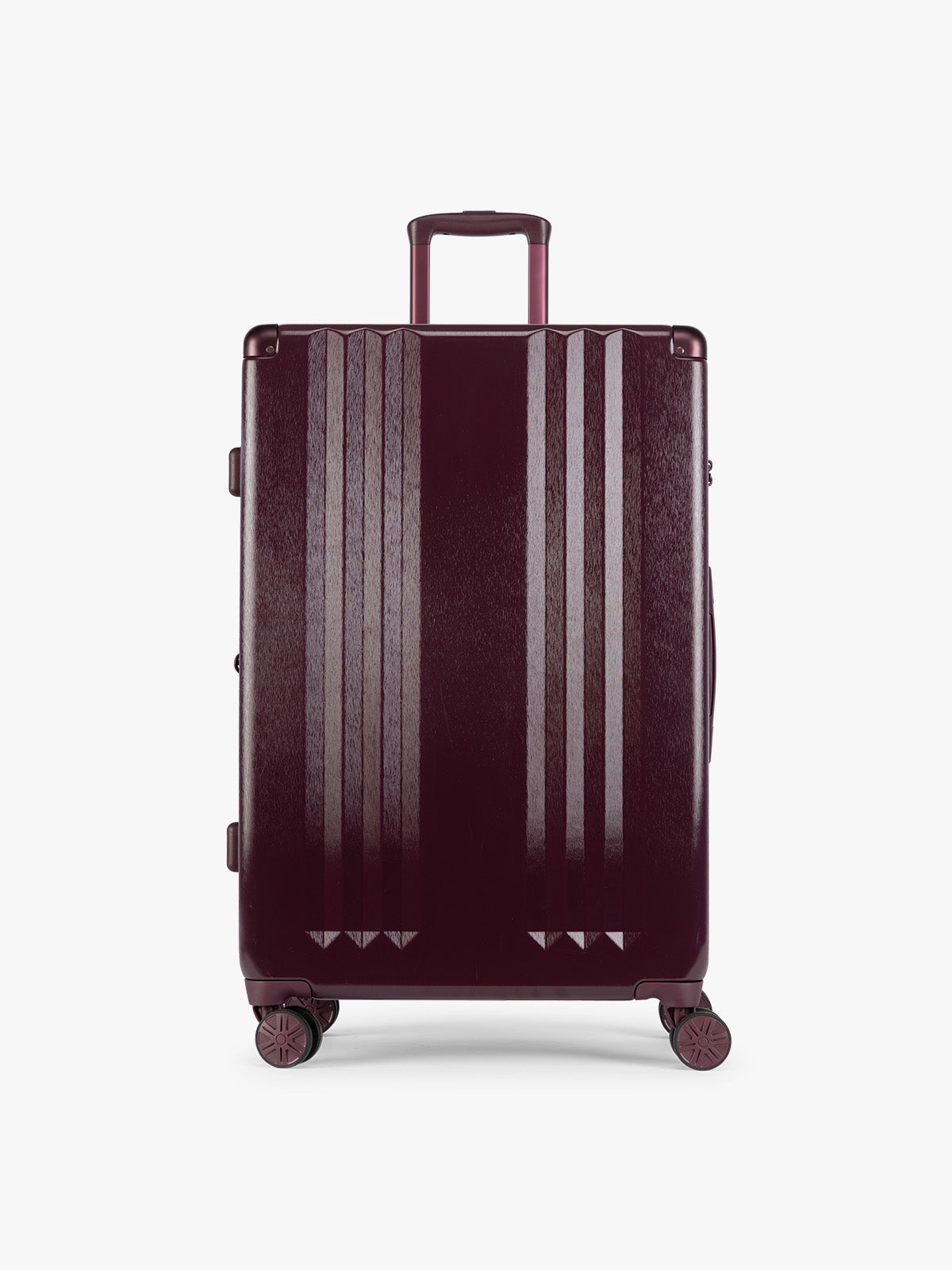 Large size of CALPAK Ambeur Three-Piece Set in dark burgundy Dark Cherry, featuring different sizes with telescoping handles extended, set against a plain light gray background; LAM3000-DARK-CHERRY