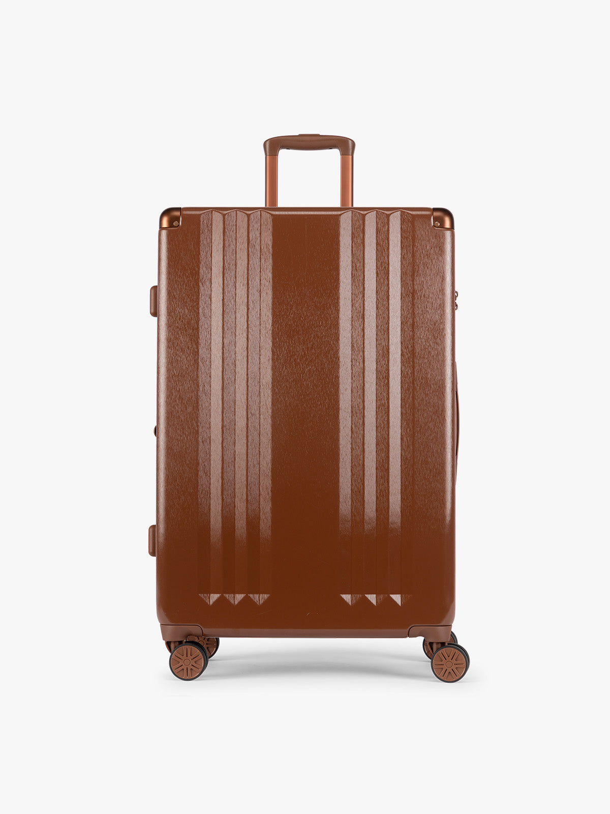 CALPAK Ambeur Large Luggage in light Honey Brown with vertical ribbed detailing and an extended telescoping handle, shown against a plain white background; LAM1028-HONEY-BROWN
