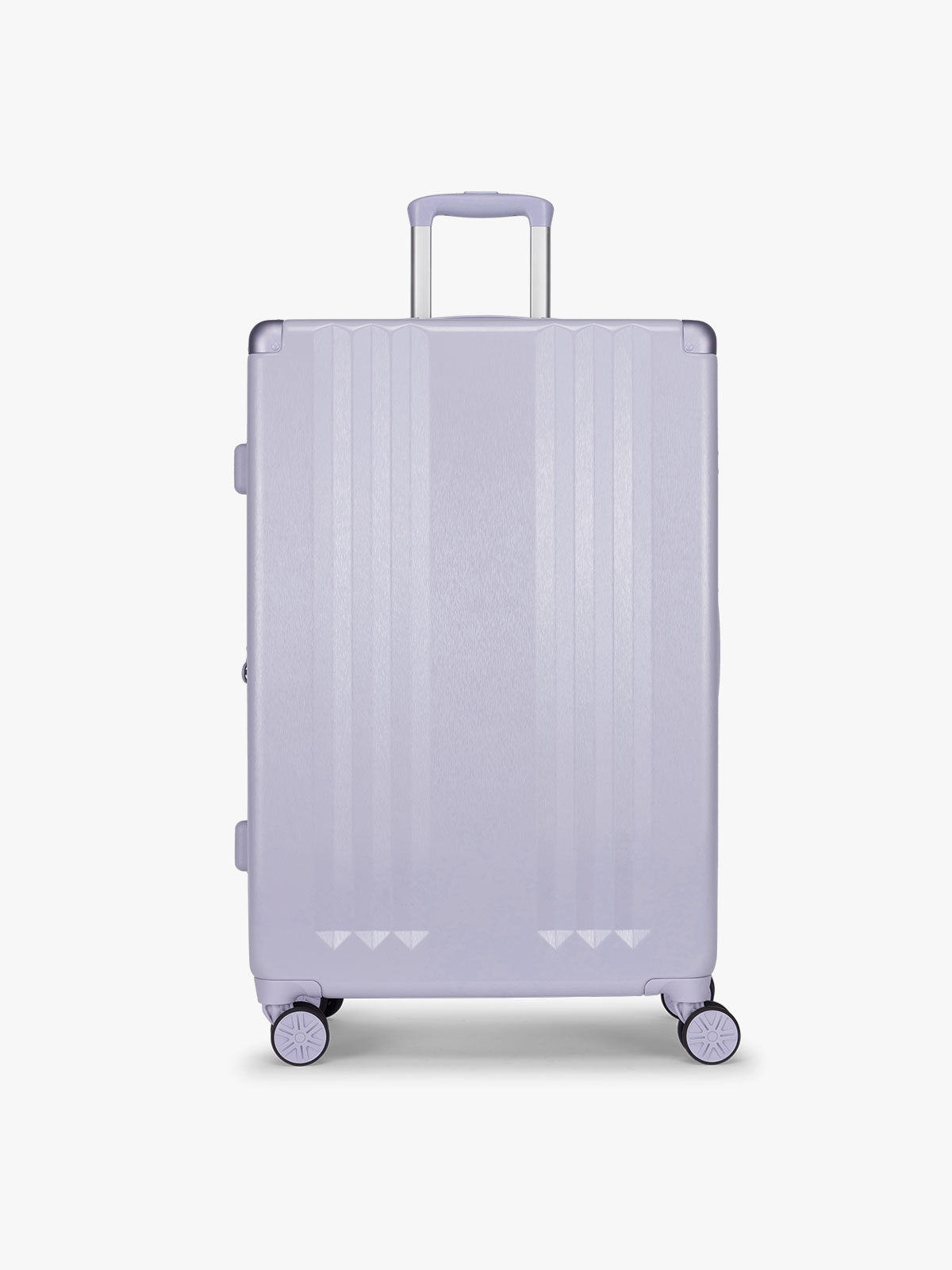 CALPAK Ambeur three piece luggage set in large size in light purple lavender with handles and spinner wheels on a white background; LAM3000-SEA-GLASS