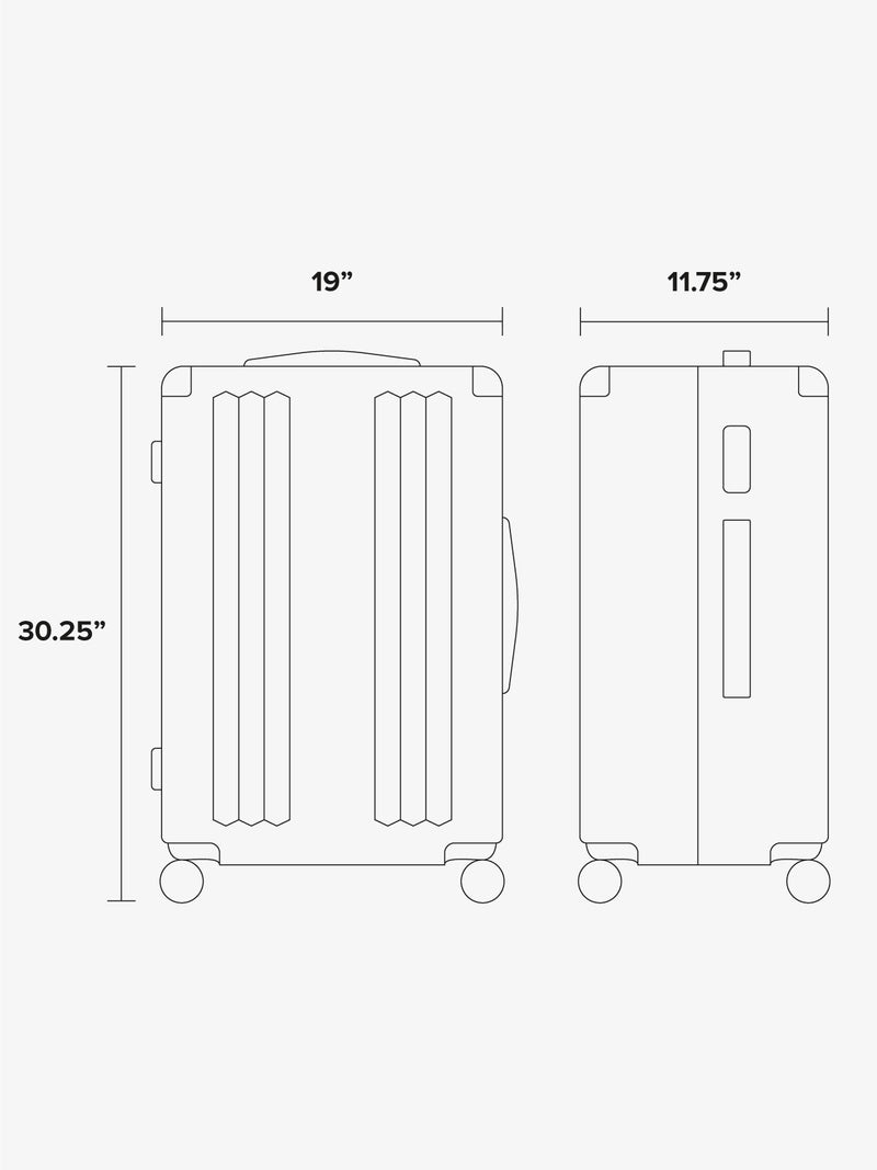 Line diagram graphic of CALPAK Ambeur  Large Luggage measuring 30.25"x19"x11.75"
