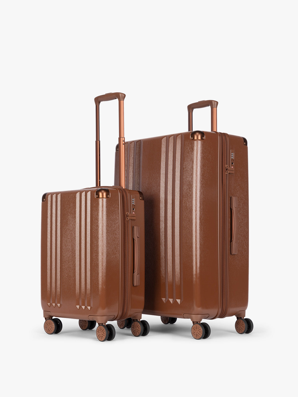 CALPAK Two-Piece Set in light Honey Brown which includes the Carry On and Large sizes with vertical ridges, shown on a clean white background; LAM2000-HONEY-BROWN