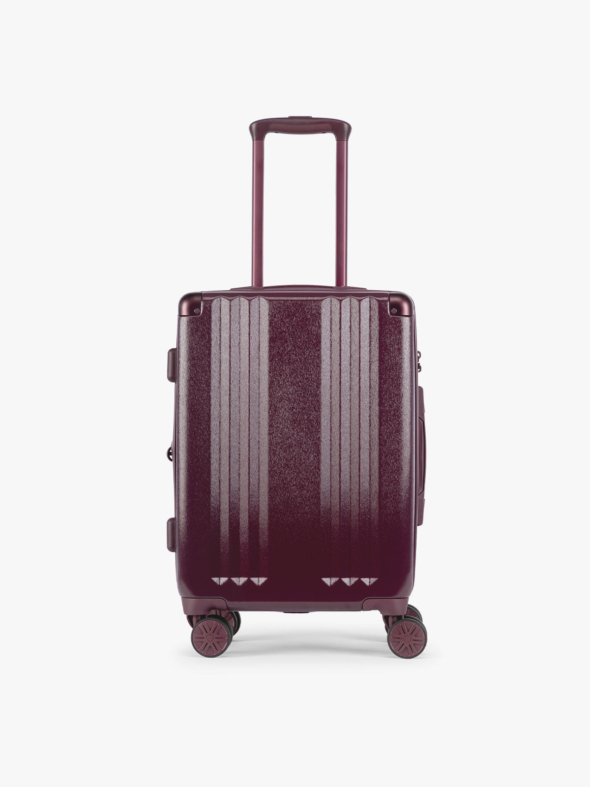 Carry On size of CALPAK Ambeur Three-Piece Set in dark burgundy Dark Cherry, featuring different sizes with telescoping handles extended, set against a plain light gray background; LAM3000-DARK-CHERRY