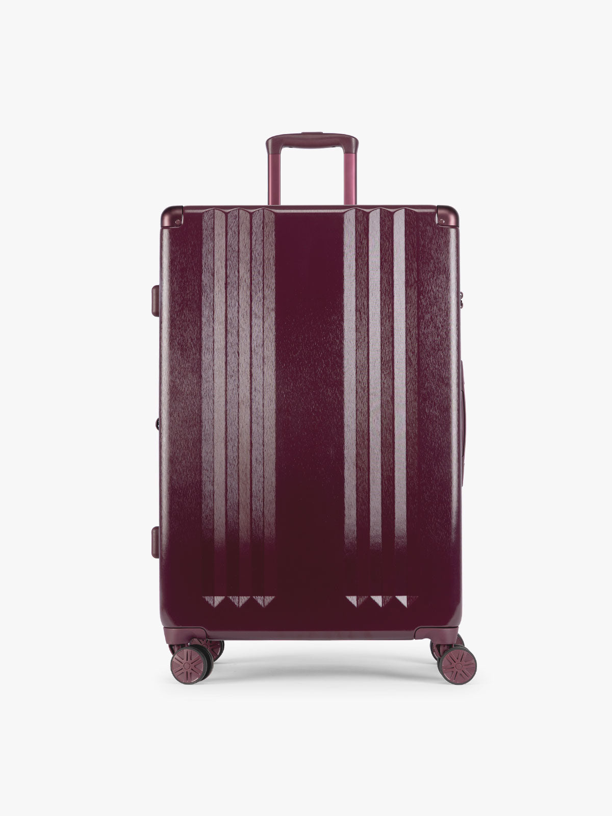 Large size of CALPAK Ambeur Three-Piece Set in dark burgundy Dark Cherry, featuring different sizes with telescoping handles extended, set against a plain light gray background; LAM3000-DARK-CHERRY