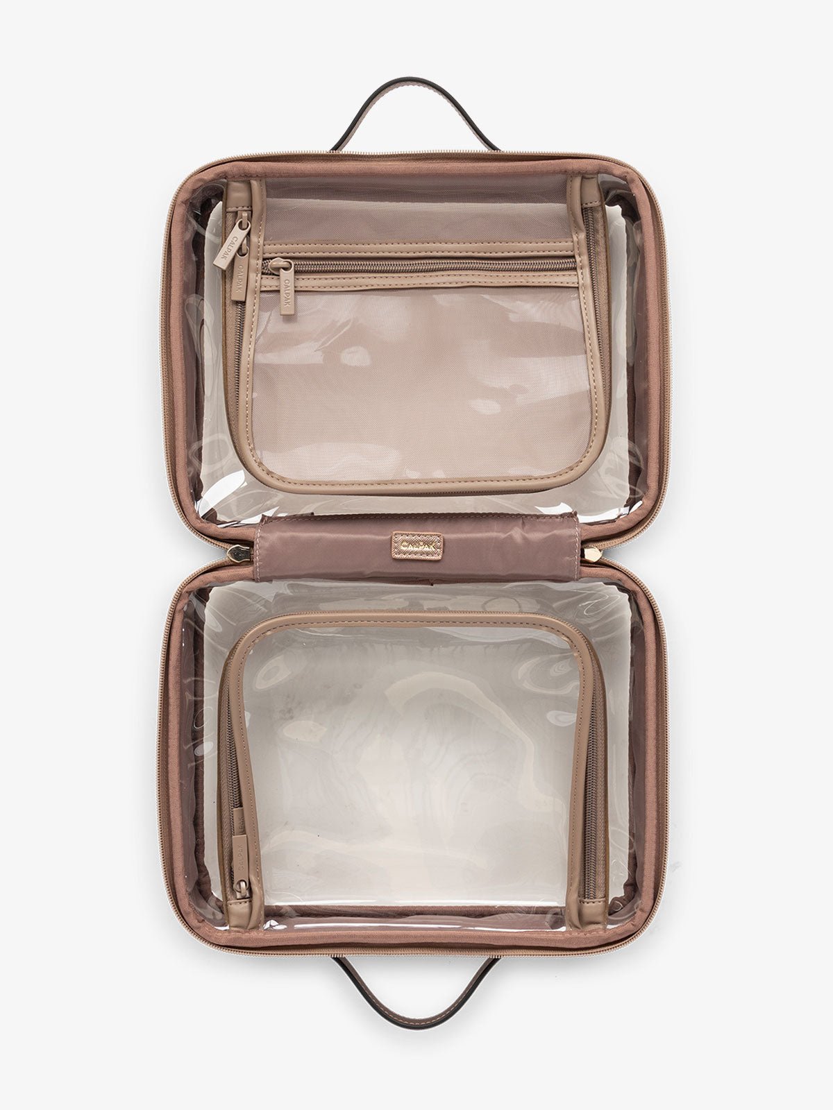 CALPAK large transparent water resistant travel makeup bag with compartments in metallic brown bronze