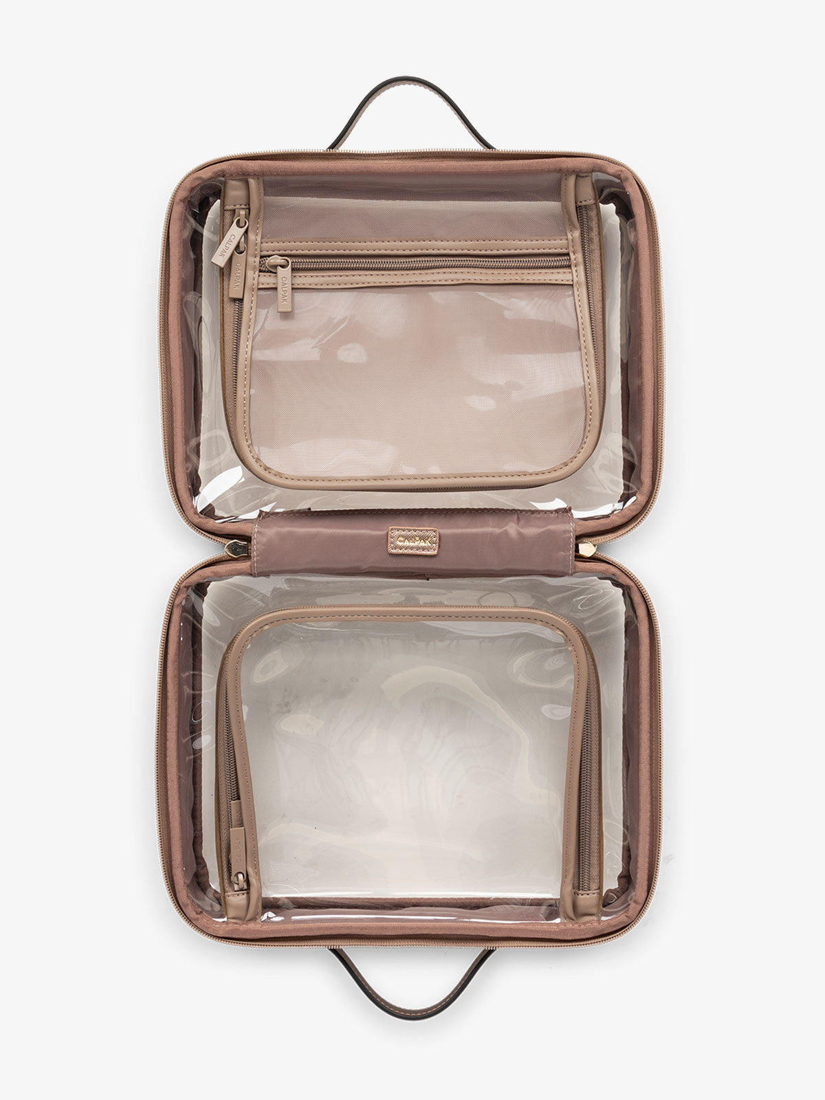 CALPAK large transparent water resistant travel makeup bag with compartments in metallic brown bronze; CCC2001-BRONZE