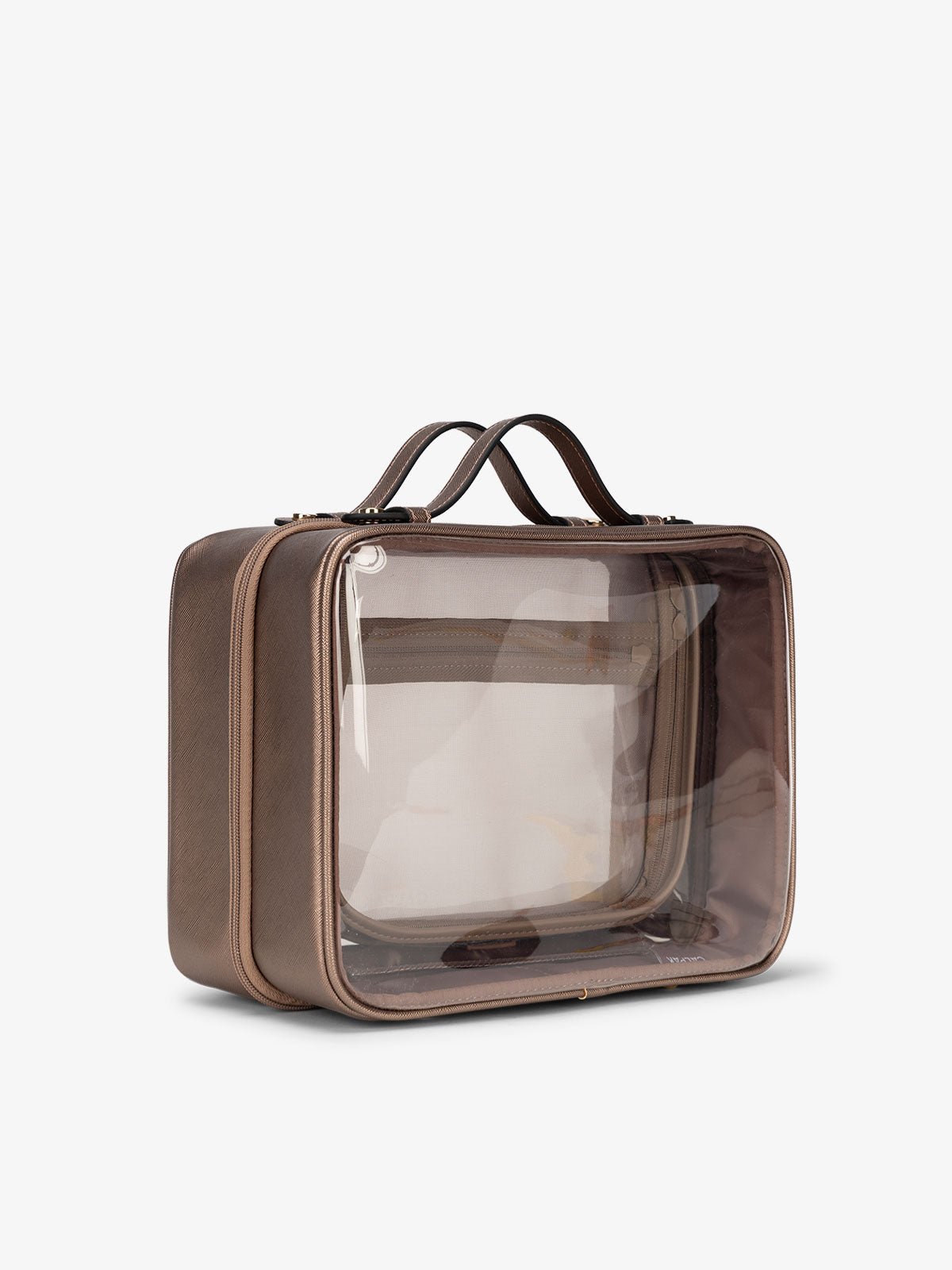 CALPAK large clear skincare bag with multiple zippered compartments in metallic bronze