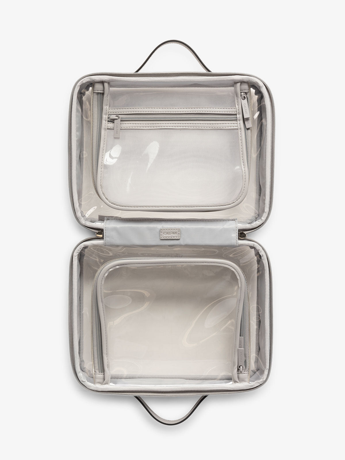 CALPAK large transparent water resistant travel makeup bag with compartments in grey; CCC2001-COOL-GREY
