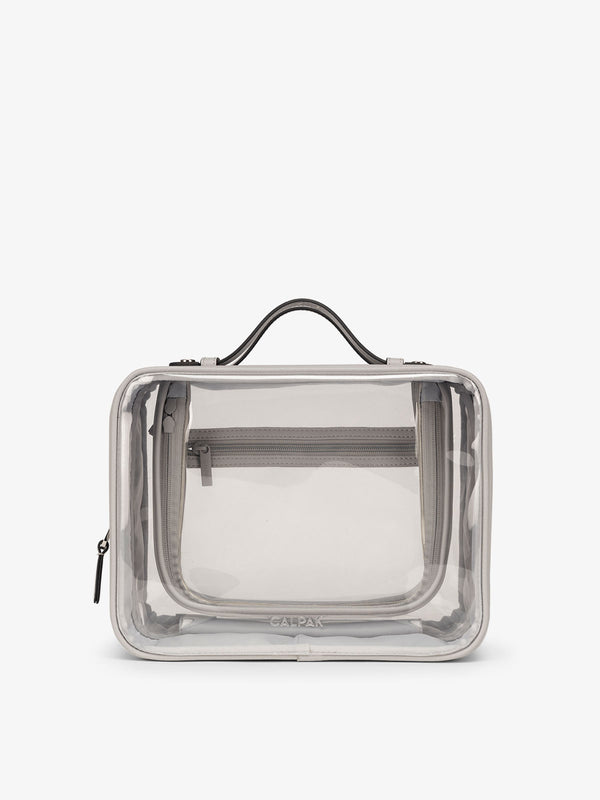 CALPAK Large clear makeup bag with zippered compartments in cool grey