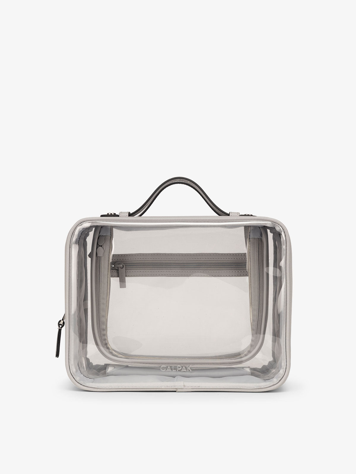 CALPAK Large clear makeup bag with zippered compartments in cool grey; CCC2001-COOL-GREY